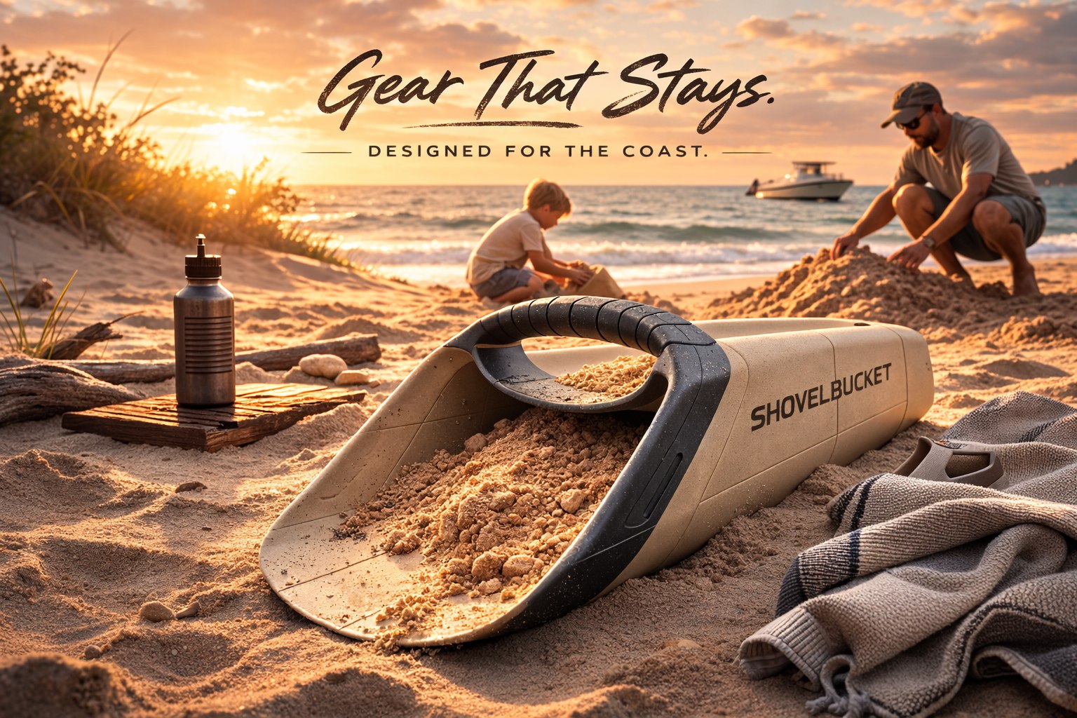 ShovelBucket on a golden beach at sunset — Gear That Stays. Designed for the Coast.