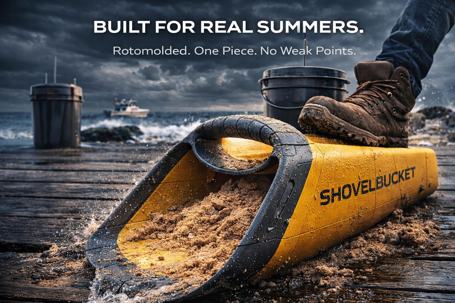 ShovelBucket on a wet dock — Built for Real Summers. Rotomolded. One Piece. No Weak Points.
